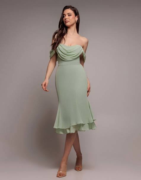 Goddiva Chiffon cowl off shoulder wing tiered midi dress in sagegreen - view 1