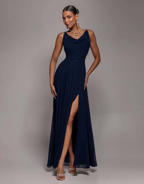 Goddiva Chiffon cowl twisted rope strap lace in navy - view 1