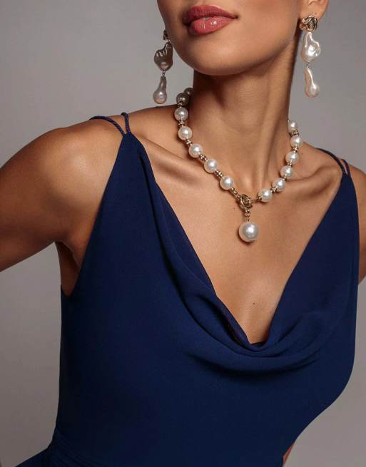 Goddiva Chiffon cowl twisted rope strap lace in navy, 2 of 4