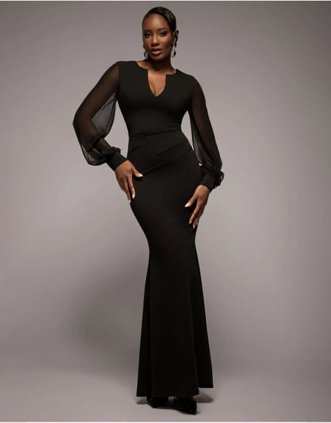 Goddiva Chiffon cuffed balloon sleeve maxi dress in black