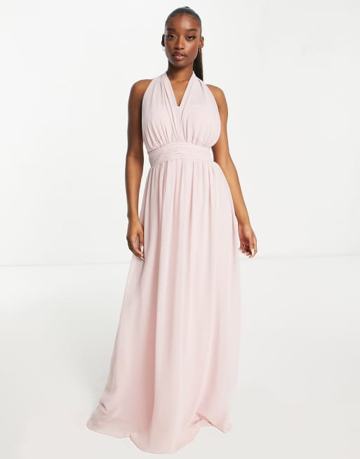 Shirred Deep Plunge Neck Closed Back Chiffon Maxi Dress