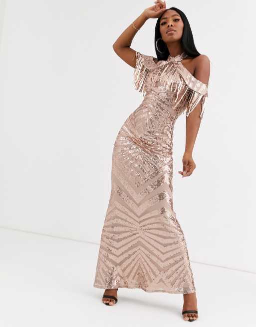 Goddiva cold shoulder maxi dress with tassel detail in gold sequin