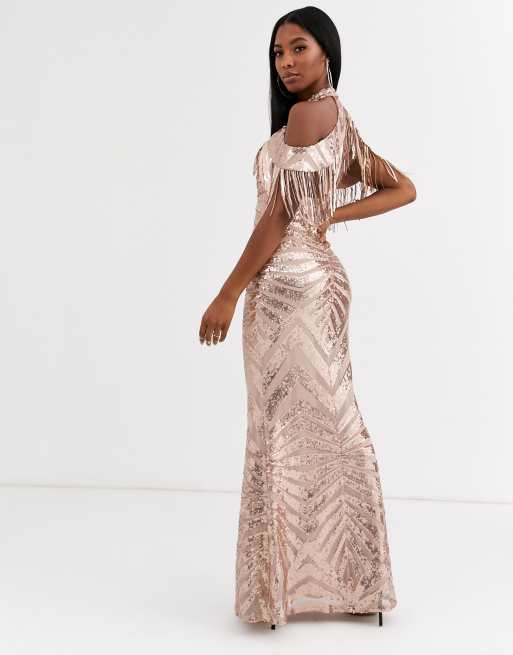 Goddiva cold shoulder maxi dress with tassel detail in gold sequin