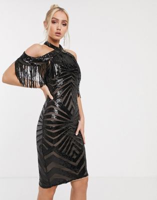 black sequin tassel dress