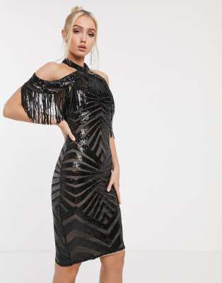 black midi tassel dress