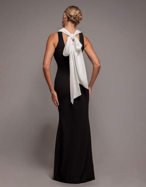 Goddiva Contrast crepe halterneck maxi dress with sash in blackcream