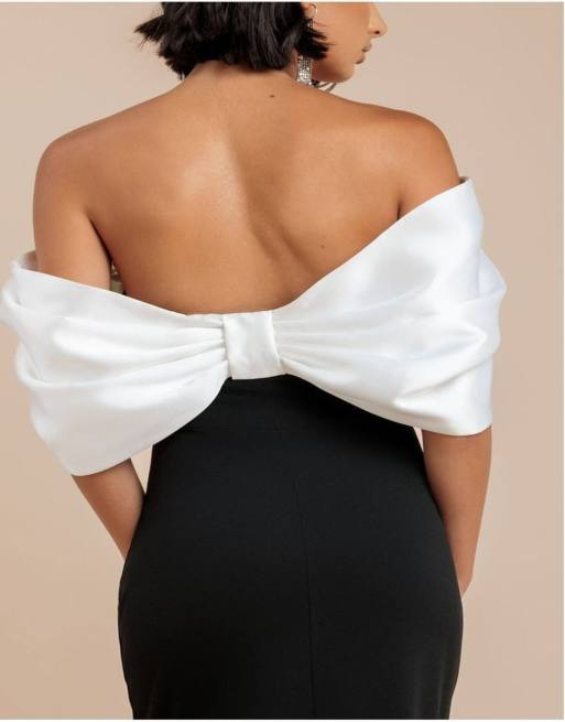 Goddiva Contrast off shoulder back satin bow maxi dress in black cream, 3 of 4