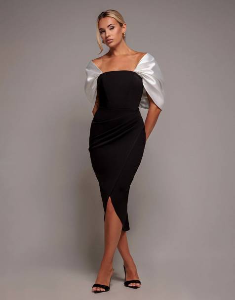 Goddiva Contrast off shoulder back satin bow midi dress in blackcream - view 1