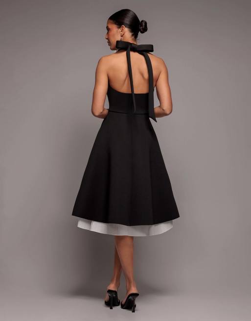 Goddiva Contrast organza frill bow back halter midi dress in blackcream, 4 of 4