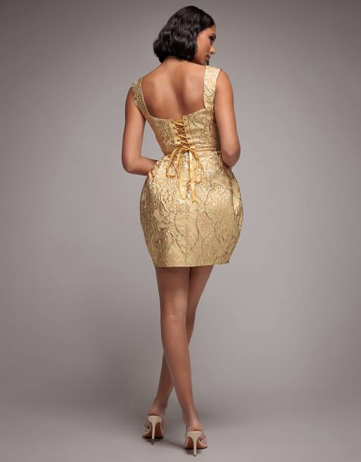 Goddiva Corset balloon skirt lace up back mini dress in gold, 2 of 4