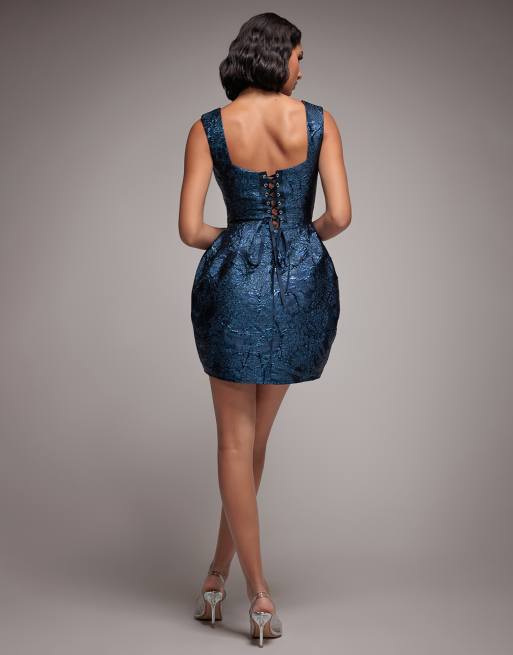 Goddiva Corset balloon skirt lace up back mini dress in navyblue, 3 of 4