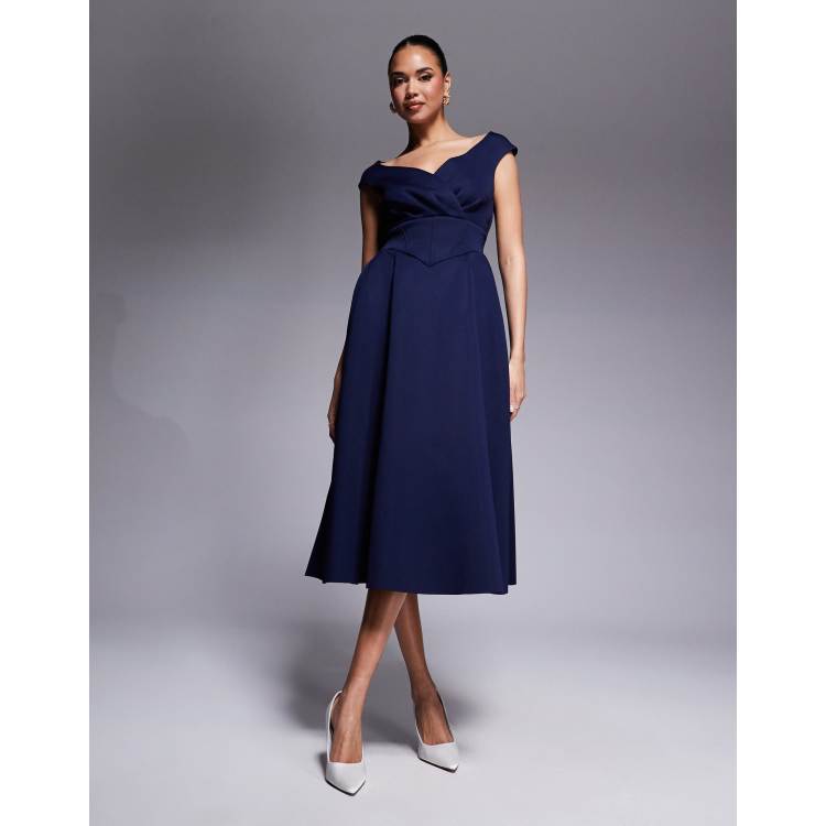 Goddiva Corset fit & flare midi dress in navy | ASOS