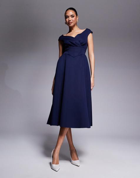 Goddiva Corset fit & flare midi dress in navy