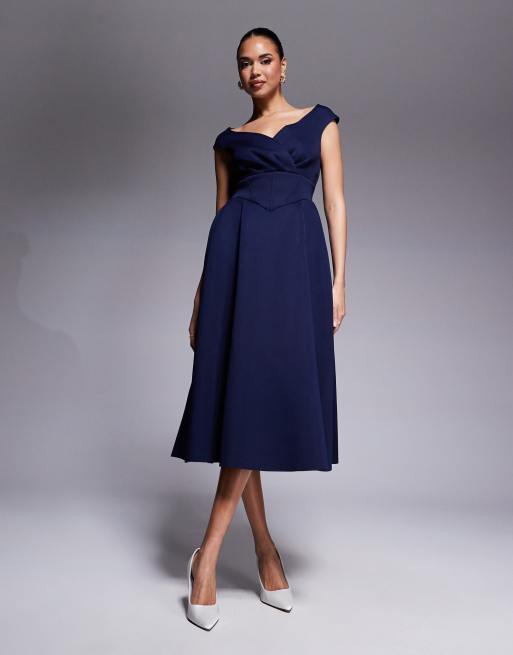Goddiva Corset fit & flare midi dress in navy