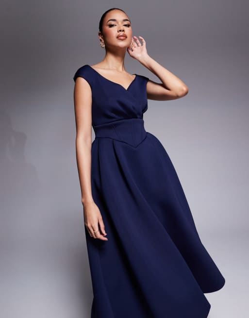 Goddiva Corset fit & flare midi dress in navy | ASOS