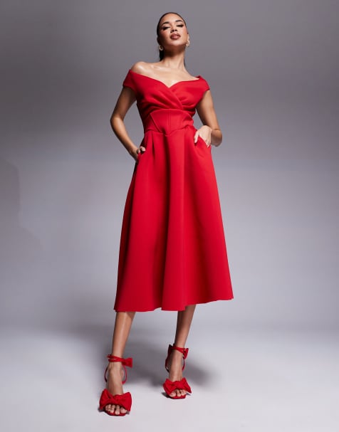 Goddiva Corset fit & flare midi dress in red - view 1