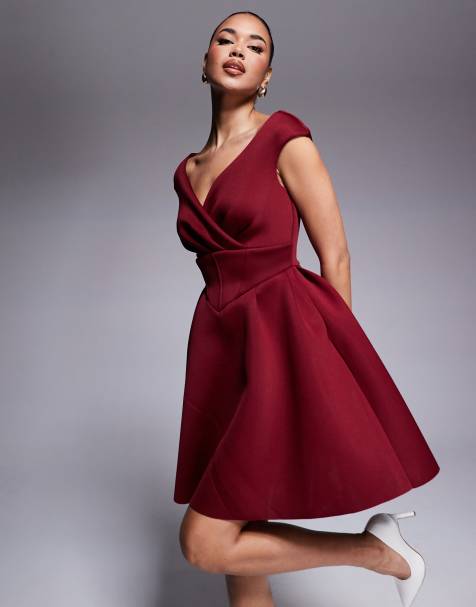Goddiva Corset fit & flare mini dress in wine