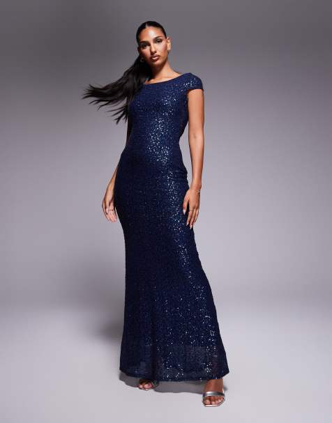 Goddiva Cowl back sequin maxi dress in navy