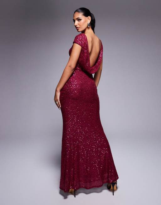 Goddiva Cowl back sequin maxi in burgundy, 4 of 4
