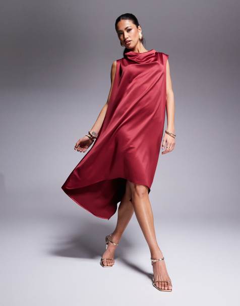 Goddiva Cowl neck back wing satin high low midi dress in berry - view 1