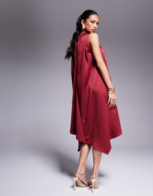 Goddiva Cowl neck back wing satin high low midi dress in berry, 3 of 4