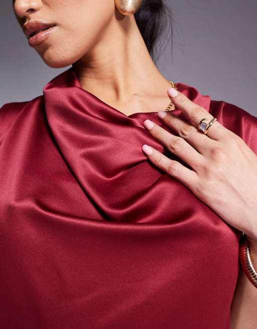 Goddiva Cowl neck back wing satin high low midi dress in berry, 4 of 4