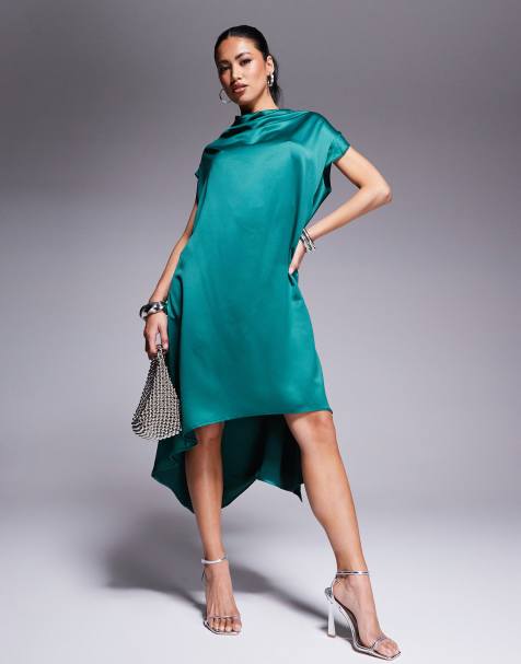 Goddiva Cowl neck back wing satin high low midi dress in botanicalgreen - view 1