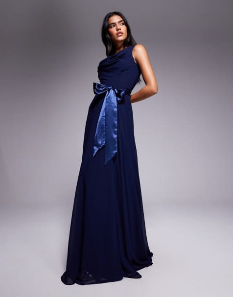 Goddiva Cowl neck chiffon maxi dress in navy - view 1