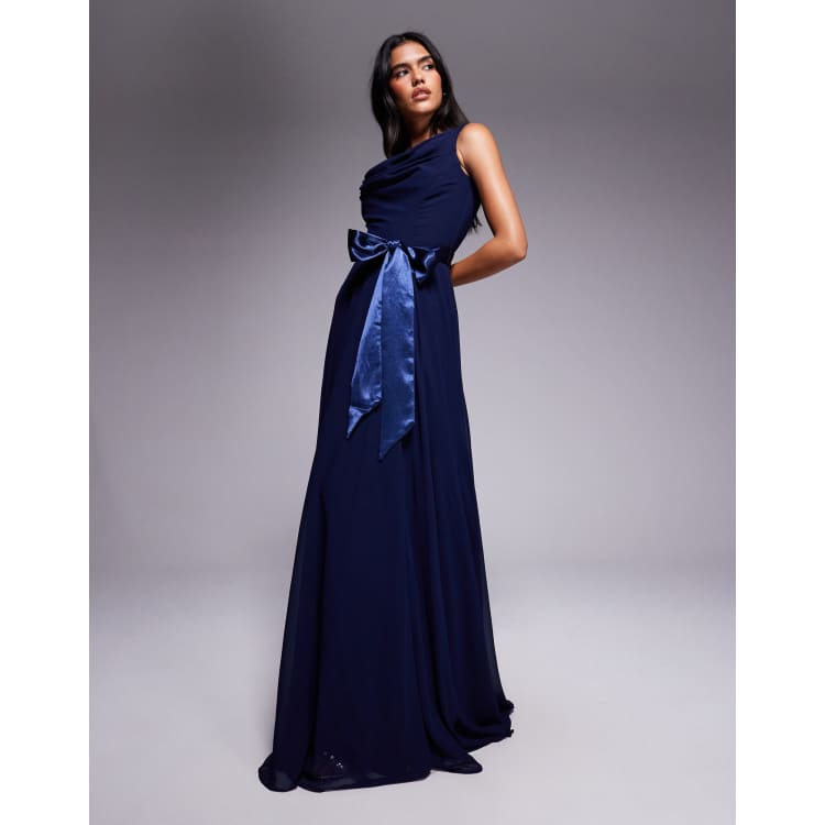Goddiva Cowl neck chiffon maxi dress in navy ASOS
