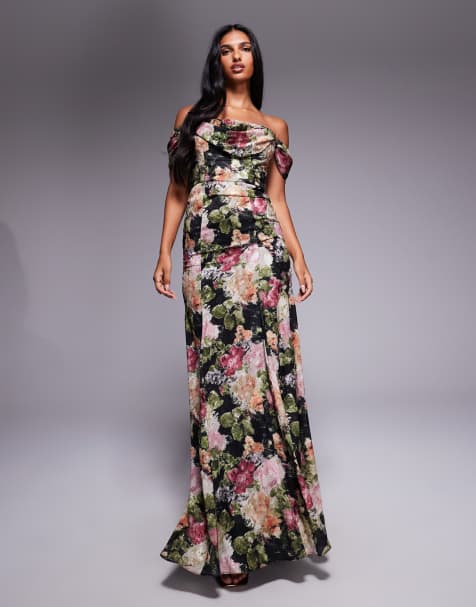Goddiva Cowl neck floral print jacquard chiffon maxi dress in black