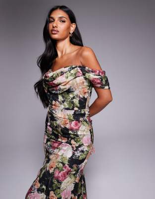 Goddiva Cowl neck floral print jacquard chiffon maxi dress in black | ASOS
