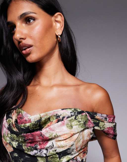 Goddiva Cowl neck floral print jacquard chiffon maxi dress in black | ASOS