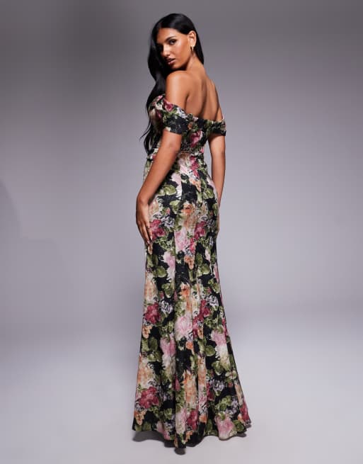 Goddiva Cowl neck floral print jacquard chiffon maxi dress in black | ASOS