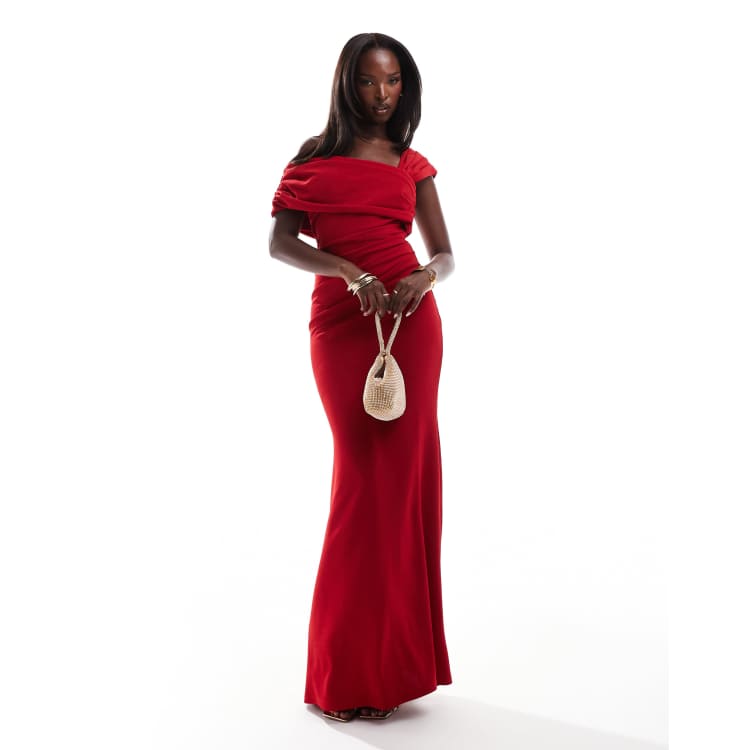 goddiva red dress Goddiva Satin & Scuba Off The Shoulder Maxi Dress