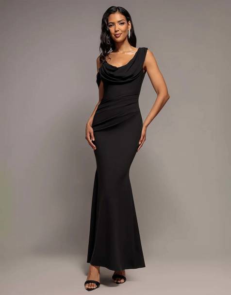 Goddiva Cowl neck one shoulder chiffon maxi dress in black