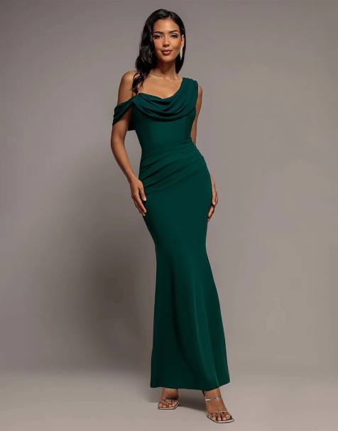 Goddiva Cowl neck one shoulder chiffon maxi dress in emeraldgreen