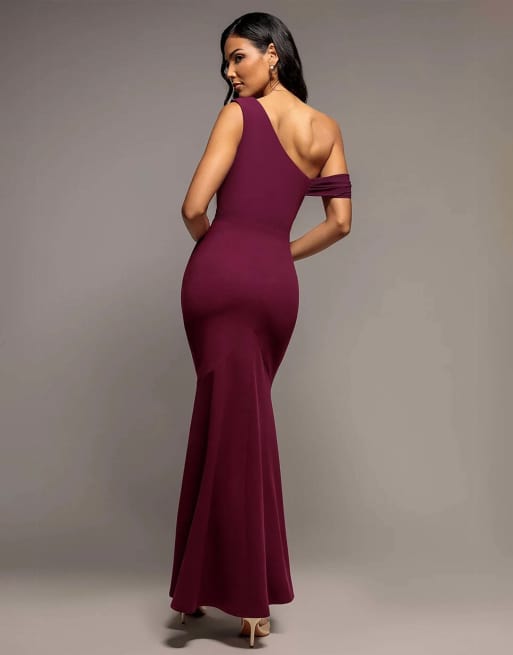 Goddiva Cowl neck one shoulder chiffon maxi dress in plum, 2 of 4