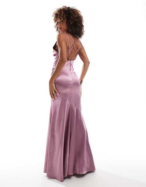 Goddiva Cowl Neck With Strappy Back Satin Maxi in Pink | ASOS