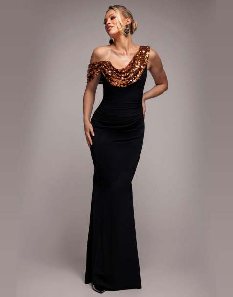 Goddiva Cowl one shoulder contrast sequin &  crepe maxi dress in bronze - view 1