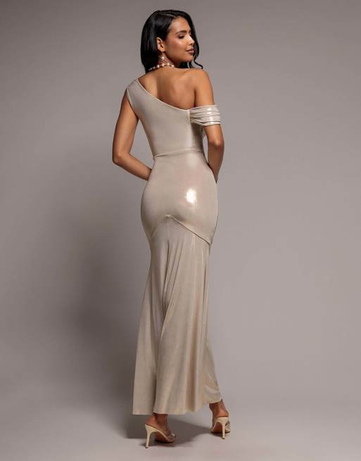 Goddiva Cowl one shoulder foil maxi dress in champagne gold, 2 of 4