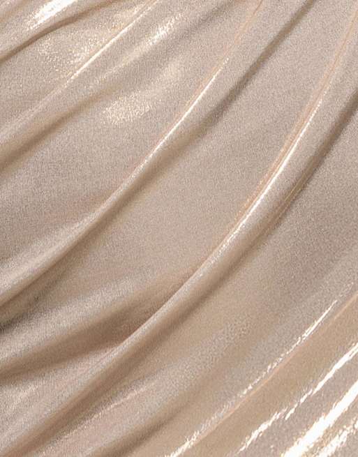 Goddiva Cowl one shoulder foil maxi dress in champagne gold, 4 of 4
