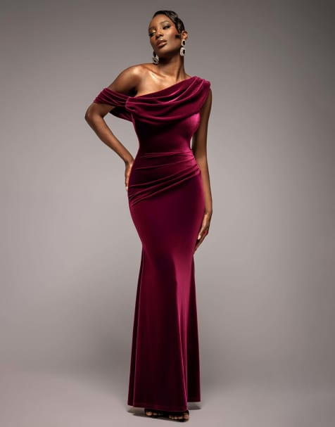 Goddiva Cowl one shoulder velvet maxi dress in burgundy - view 1