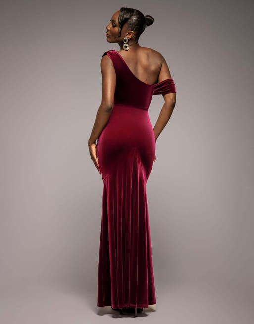 Goddiva Cowl one shoulder velvet maxi dress in burgundy, 3 of 4