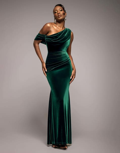 Goddiva Cowl one shoulder velvet maxi dress in emerald