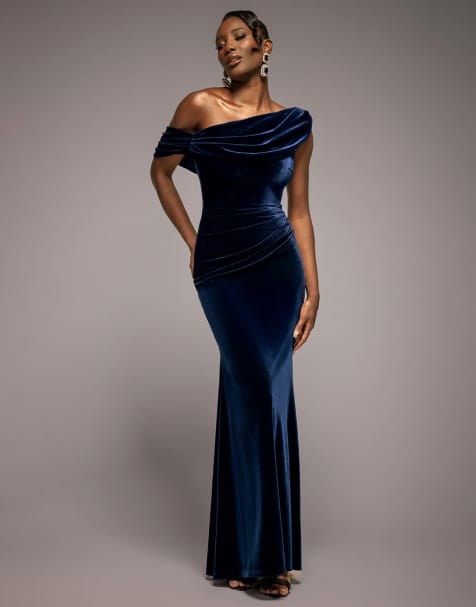 Goddiva Cowl one shoulder velvet maxi dress in navy