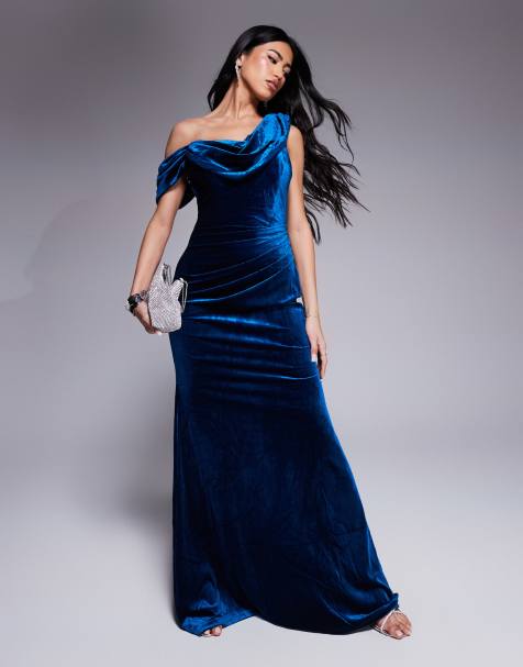 Goddiva Cowl one shoulder velvet maxi dress in teal
