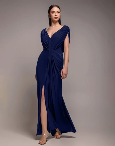 Goddiva Cowl plunge draped mermaid maxi dress in navyblue