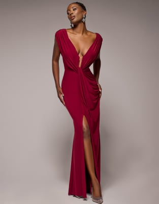 Goddiva Cowl Plunge Draped Mermaid Maxi Dress In Red