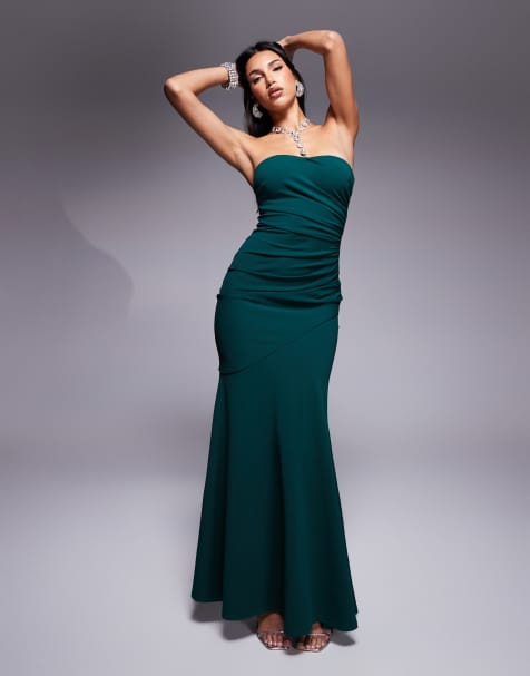 Goddiva crepe bandeau maxi with diamante necklace in emerald in scuba style fabric