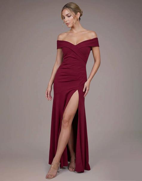 Goddiva Crepe off shoulder front split maxi dress in wine